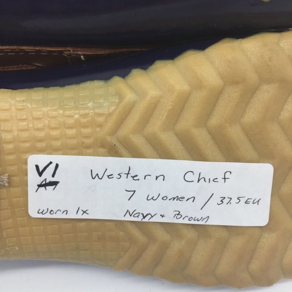 WESTERN CHIEF 7M Rain Duck Moccasin Slip On Navy / Brown Leather Womans - Picture 8 of 8